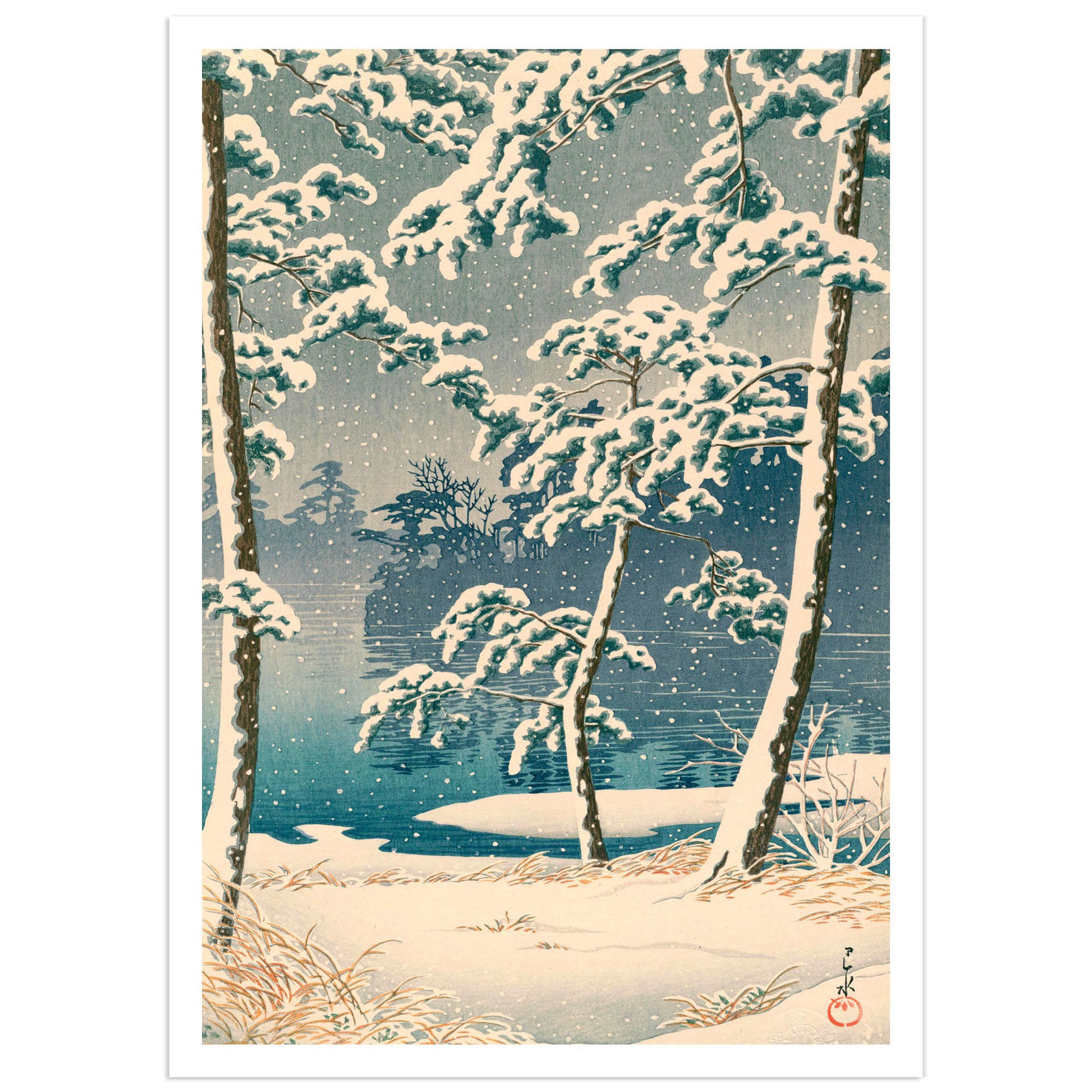 Senzoku Pond (Senzokuike), from the series Twenty Views of Tōkyō — Kawase Hasui. Japanese woodblock print depicting snow-laden pine trees framing a still blue pond at dusk, with snowflakes falling and golden grasses in the foreground. Shin-hanga winter landscape art print.