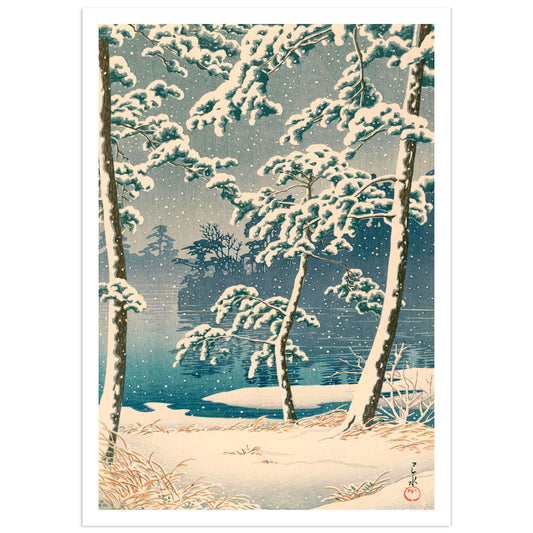 Senzoku Pond (Senzokuike), from the series Twenty Views of Tōkyō — Kawase Hasui. Japanese woodblock print depicting snow-laden pine trees framing a still blue pond at dusk, with snowflakes falling and golden grasses in the foreground. Shin-hanga winter landscape art print.