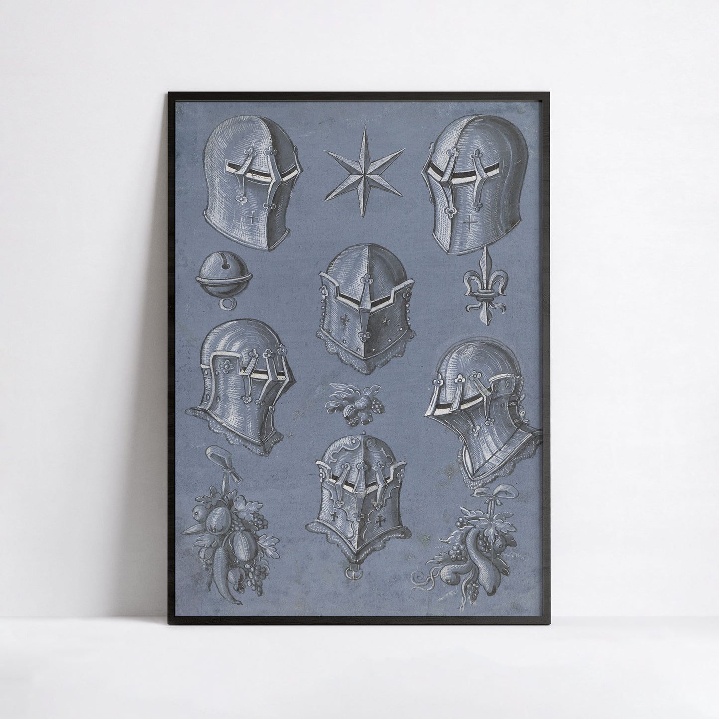 Six Knight Helmets with Star & Fleur-de-Lis – 1593 Renaissance Armor Illustration Print