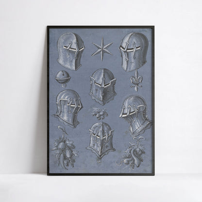 Six Knight Helmets with Star & Fleur-de-Lis – 1593 Renaissance Armor Illustration Print
