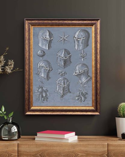 Six Knight Helmets with Star & Fleur-de-Lis – 1593 Renaissance Armor Illustration Print