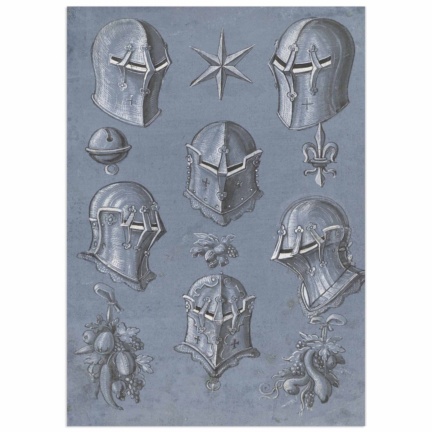 Renaissance illustration showing six engraved knight helmets, heraldic star, fleur-de-lis symbol, small bell and decorative foliage motifs, dated 1593