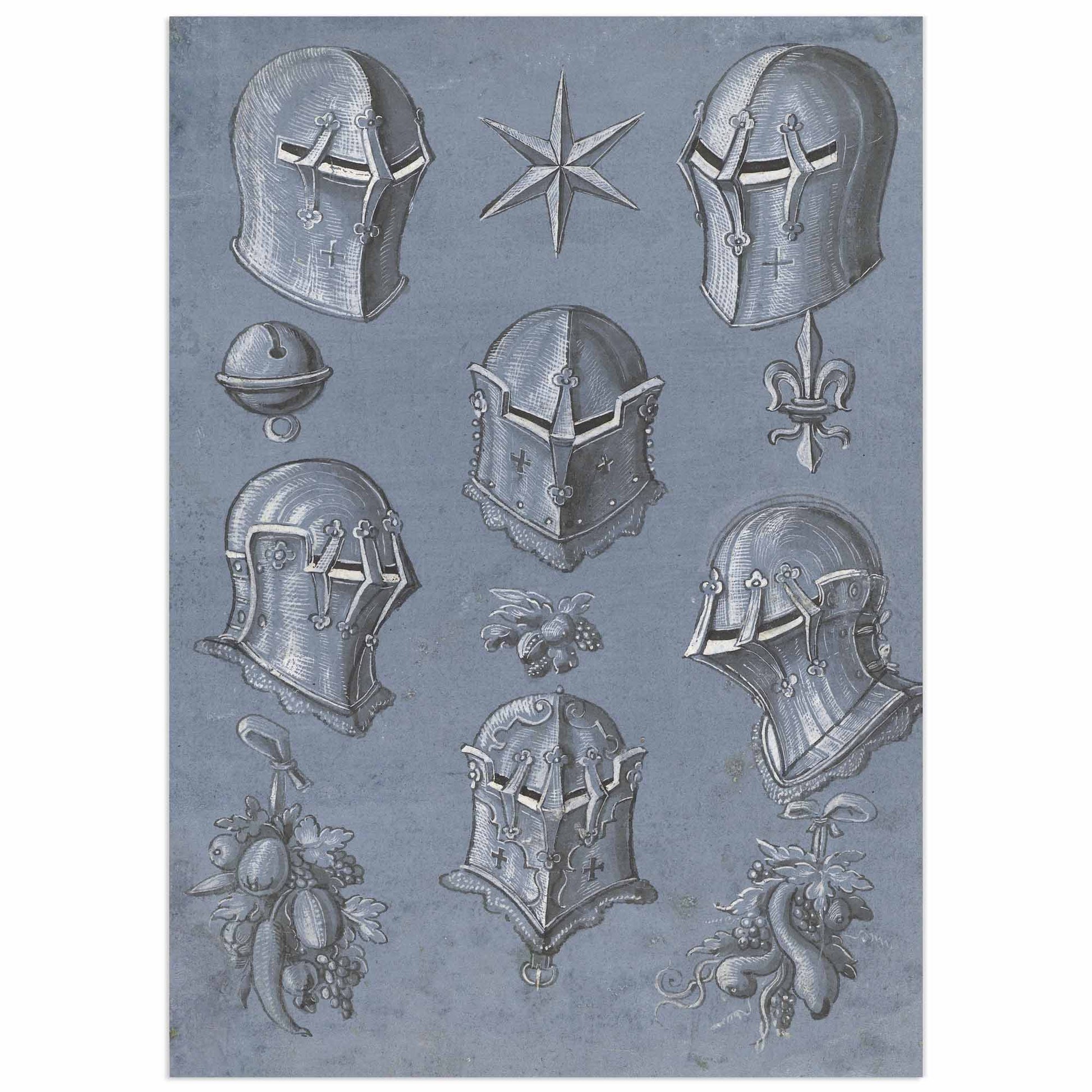 Renaissance illustration showing six engraved knight helmets, heraldic star, fleur-de-lis symbol, small bell and decorative foliage motifs, dated 1593