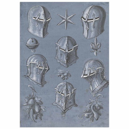Renaissance illustration showing six engraved knight helmets, heraldic star, fleur-de-lis symbol, small bell and decorative foliage motifs, dated 1593