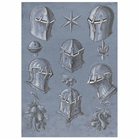 Renaissance illustration showing six engraved knight helmets, heraldic star, fleur-de-lis symbol, small bell and decorative foliage motifs, dated 1593