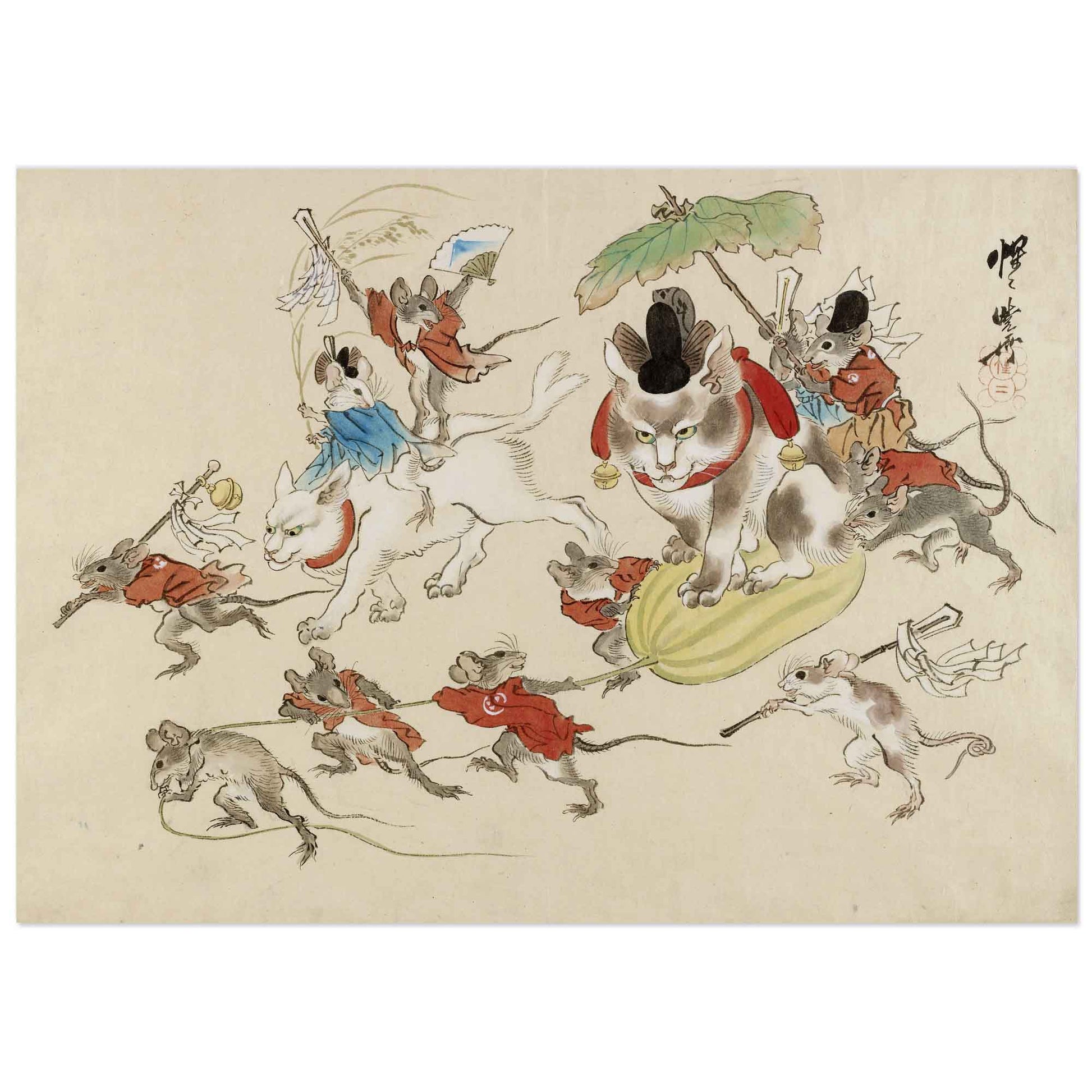 Kawanabe Kyōsai Art Print  : a mock Shinto procession, with a cat borne on a gourd by rats, accompanied by cat ridden by rats. Ink and colour on paper