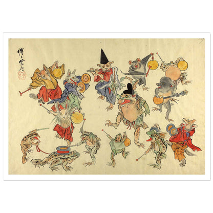 Kawanabe Kyosai poster - Sketch Animals with musical instruments dancing around Shintoist frog