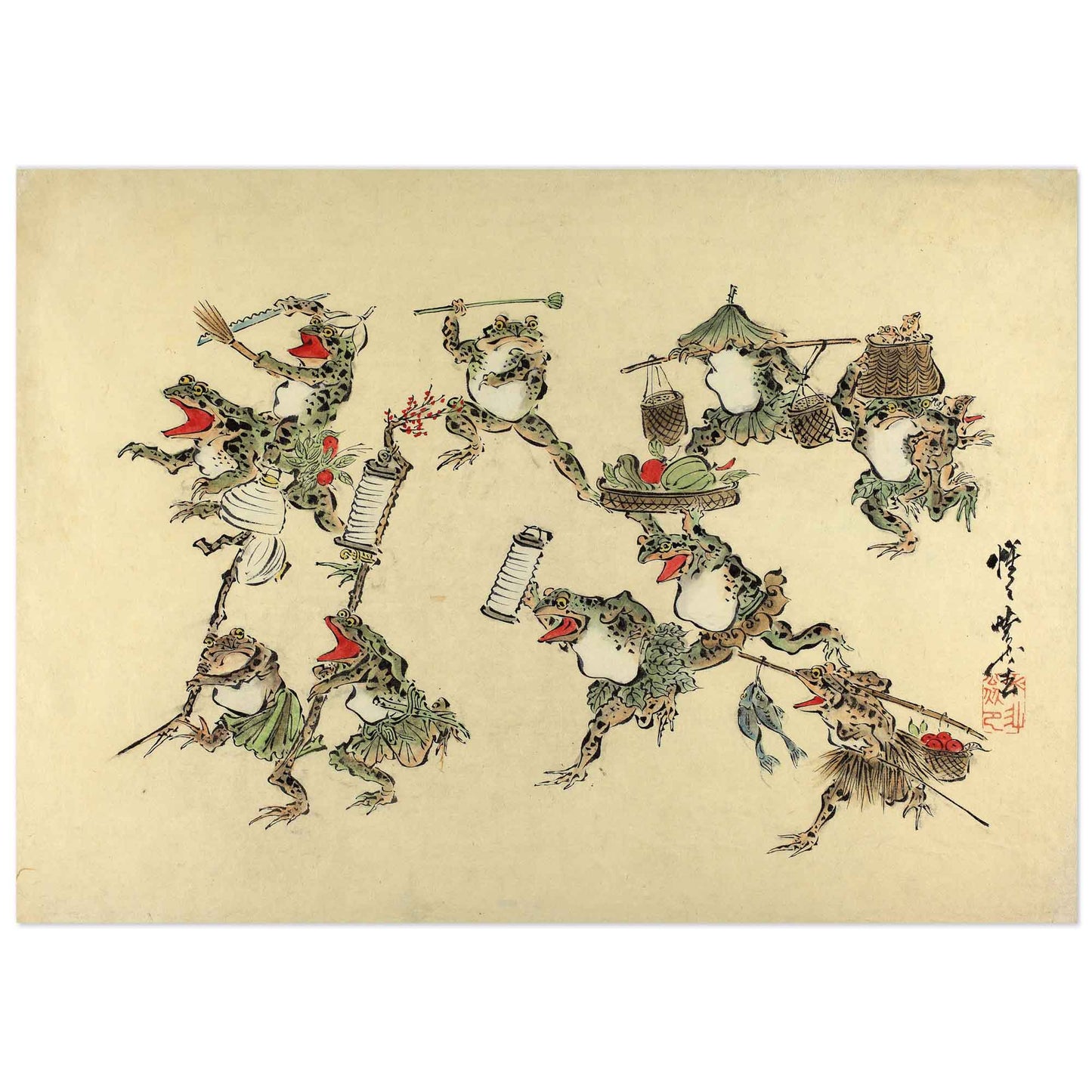 Procession de Grenouilles – Lanternes et Festin par Kawanabe Kyōsai