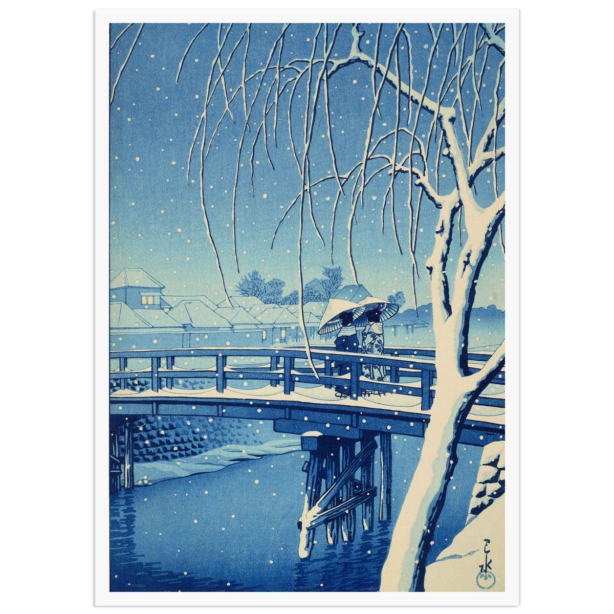 Kawase Hasui, Snow at Edo River (1932), blue version: two women with umbrellas cross a wooden bridge over the Edo River as snow falls at dusk