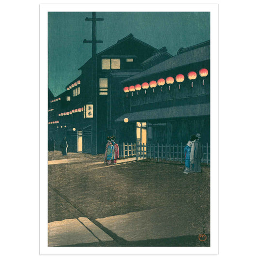 Japanese woodblock print: night scene in Kyoto with illuminated buildings, red lanterns, and figures on a street