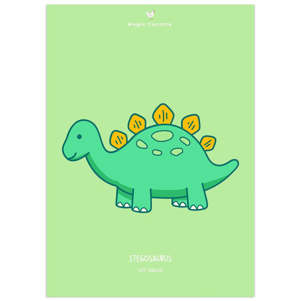 Printable wall art of a smiling green stegosaurus with yellow back plates on a light green background, labelled Stegosaurus and Late Jurassic