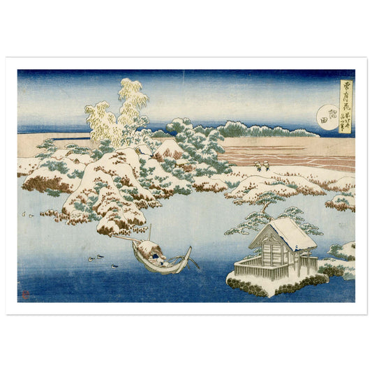 Hokusai Sumida River in snow woodblock print with boat, river, trees and winter Japanese landscape