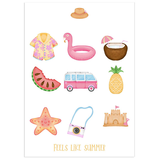 Colorful summer-themed illustration with vacation icons including watermelon, camera, retro van, and beach items