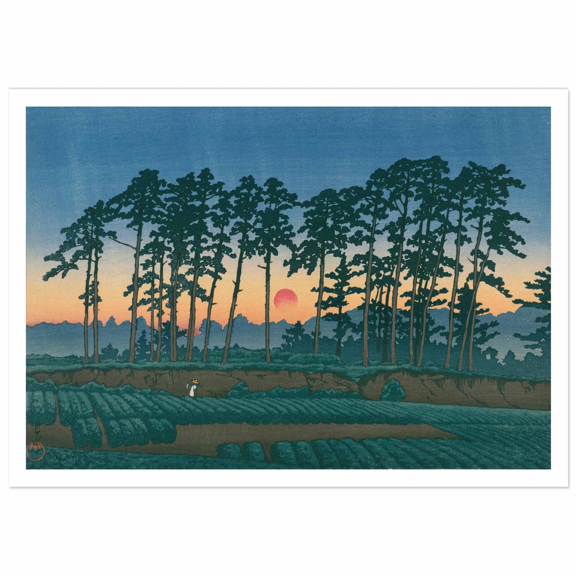Original Japanese woodblock print by Kawase Hasui showing a row of tall dark pine trees silhouetted against a sunset sky with graduated colors from blue to orange, with a red sun on the horizon, cultivated fields in the foreground with two small walking figures, exemplifying Shin-Hanga landscape art from the 1930s Showa period