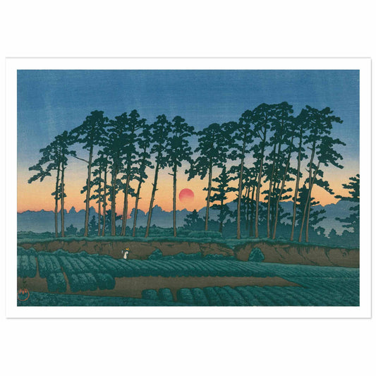 Original Japanese woodblock print by Kawase Hasui showing a row of tall dark pine trees silhouetted against a sunset sky with graduated colors from blue to orange, with a red sun on the horizon, cultivated fields in the foreground with two small walking figures, exemplifying Shin-Hanga landscape art from the 1930s Showa period
