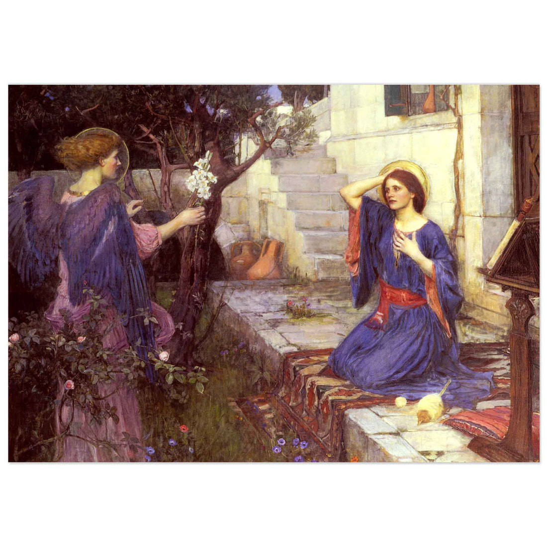 Affiche L'Annonciation de John William Waterhouse (1914), la Vierge et l'ange dans un jardin clos