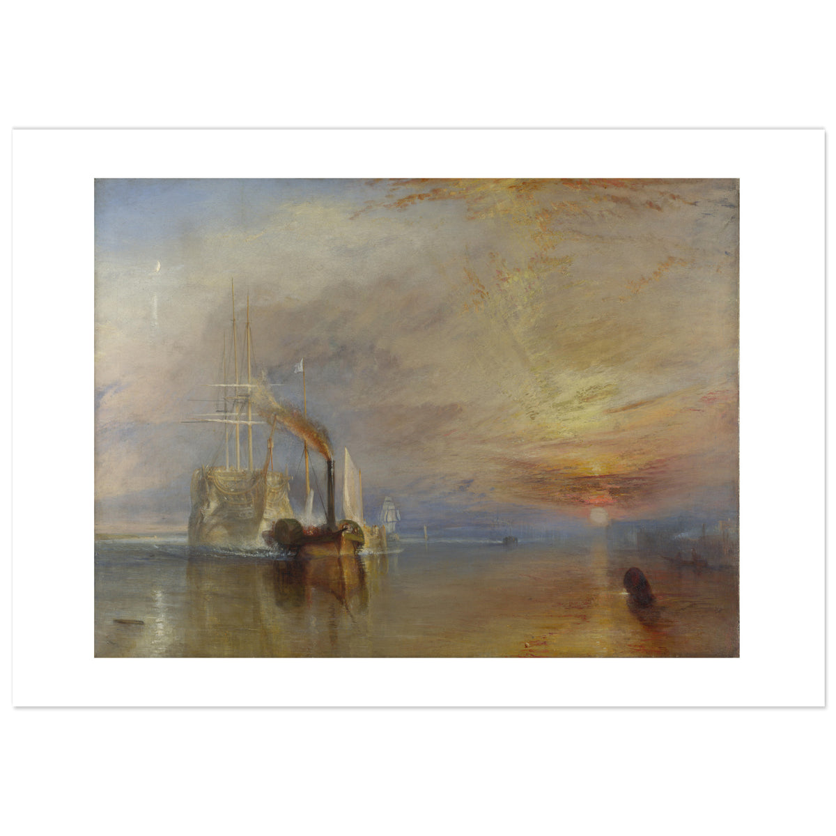 The Fighting Temeraire by J.M.W. Turner: a pale, ghostly warship with tall masts is towed along the Thames by a small dark steam tug, under a blazing orange and gold sunset reflected in the water