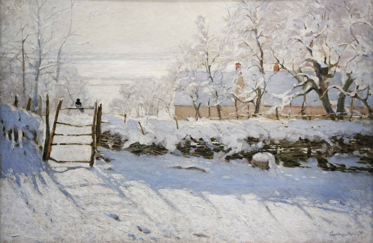 Winter landscape with snow-covered trees and a fence, featuring a house in the background.
