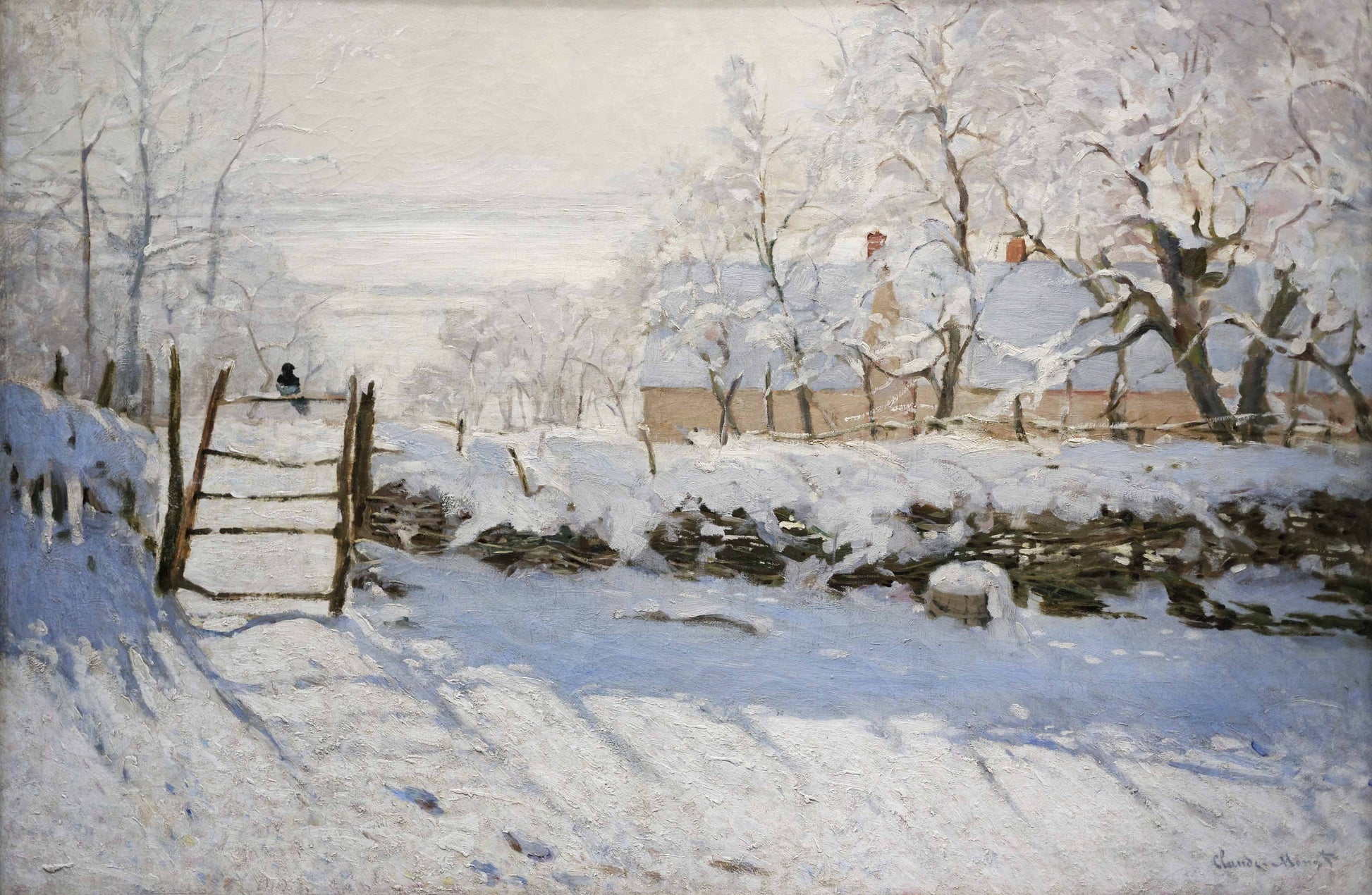 Winter landscape with snow-covered trees and a fence, featuring a house in the background.