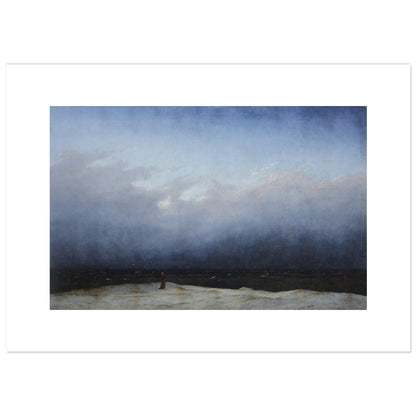 Caspar David Friedrich, The Monk by the Sea: a tiny dark-robed figure stands on a white sandy dune before an ink-dark sea beneath a vast misty blue sky