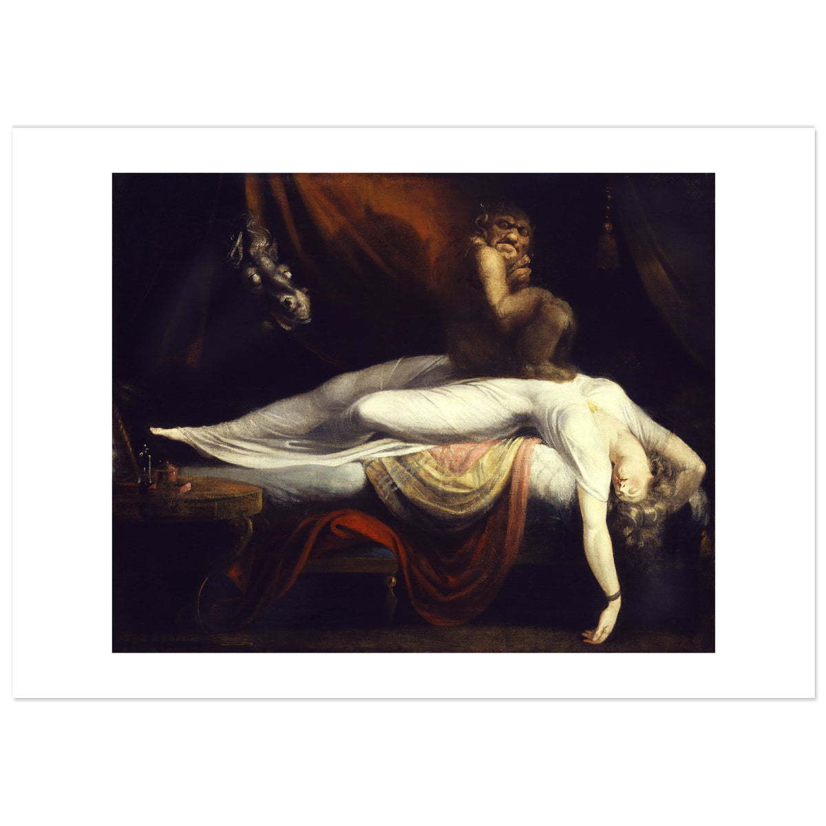 The Nightmare by Henry Fuseli: a sleeping woman in white lies draped across a bed while a squatting demon sits on her chest and a ghostly horse's head emerges from red curtains