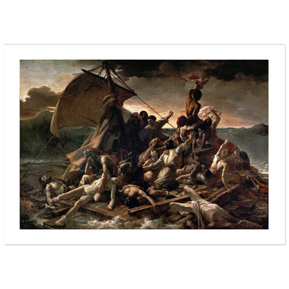 The Raft of the Medusa by Théodore Géricault: a pyramid of dying and desperate survivors on a makeshift raft in a stormy sea, a man at the top waving a cloth toward a tiny ship on the horizon