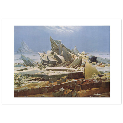 The Sea of Ice by Caspar David Friedrich: jagged slabs of ice pile up like a pyramid under a pale blue sky, with the stern of a crushed ship barely visible on the right