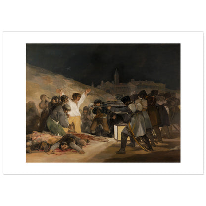 The Third of May 1808 by Francisco de Goya: at night, a line of French soldiers aims rifles at Spanish civilians; a man in a white shirt raises his arms before the firing squad, lit by a large lantern, with bodies on the ground