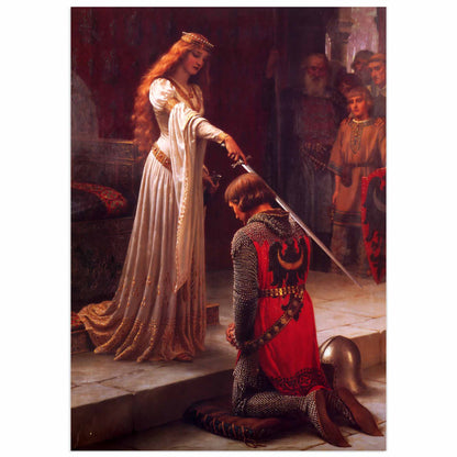 Knight art showing a young knight being knighted by a woman in a white gown holding a sword, The Accolade by Edmund Blair Leighton, 1901, detailed depiction of medieval chivalry. 