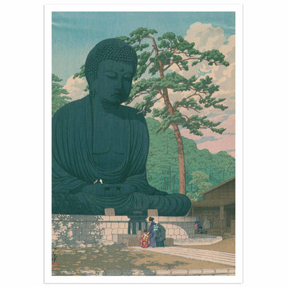 Kawase Hasui 1930 woodblock print depicting the Great Buddha of Kamakura in bronze, with visitors in the foreground providing scale, a twisted pine tree on the left, temple buildings behind, and a clouded blue sky created with bokashi gradation technique