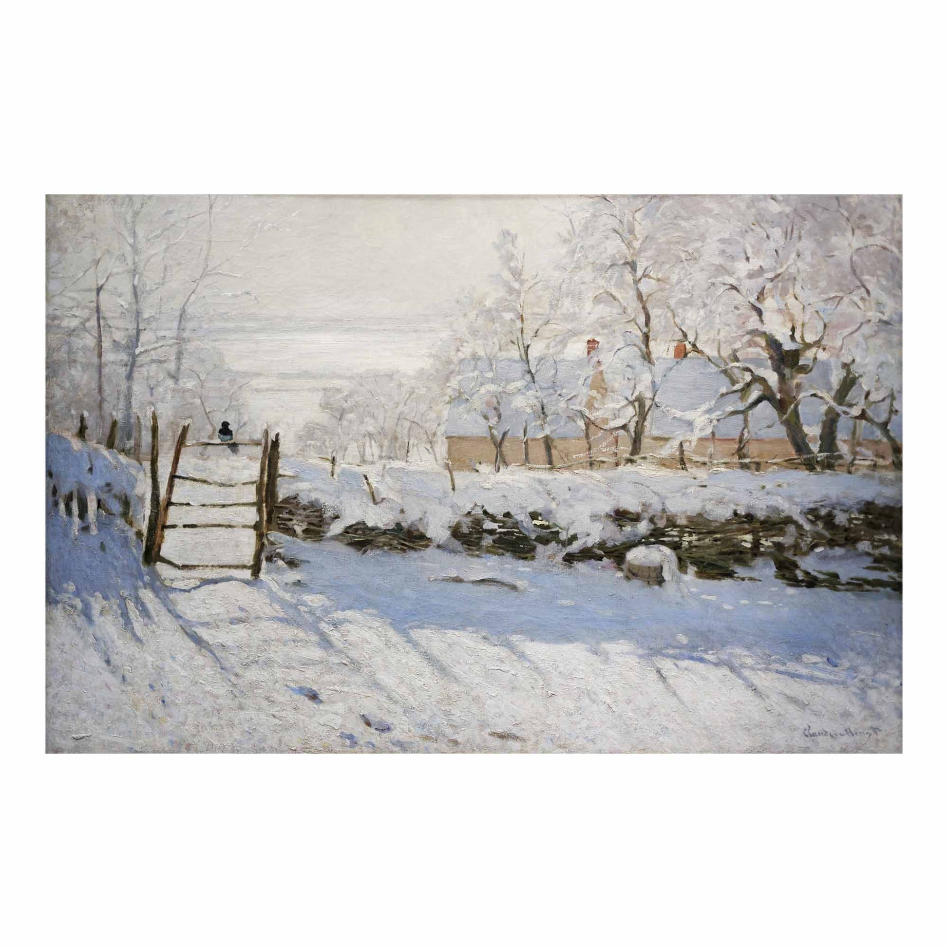 Snow-covered landscape with a wooden gate and a magpie perched on it, painted by Claude Monet in a soft Impressionist winter scene.