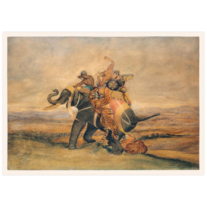 A print of a historical drawing depicting a tiger hunt with elephants and people.