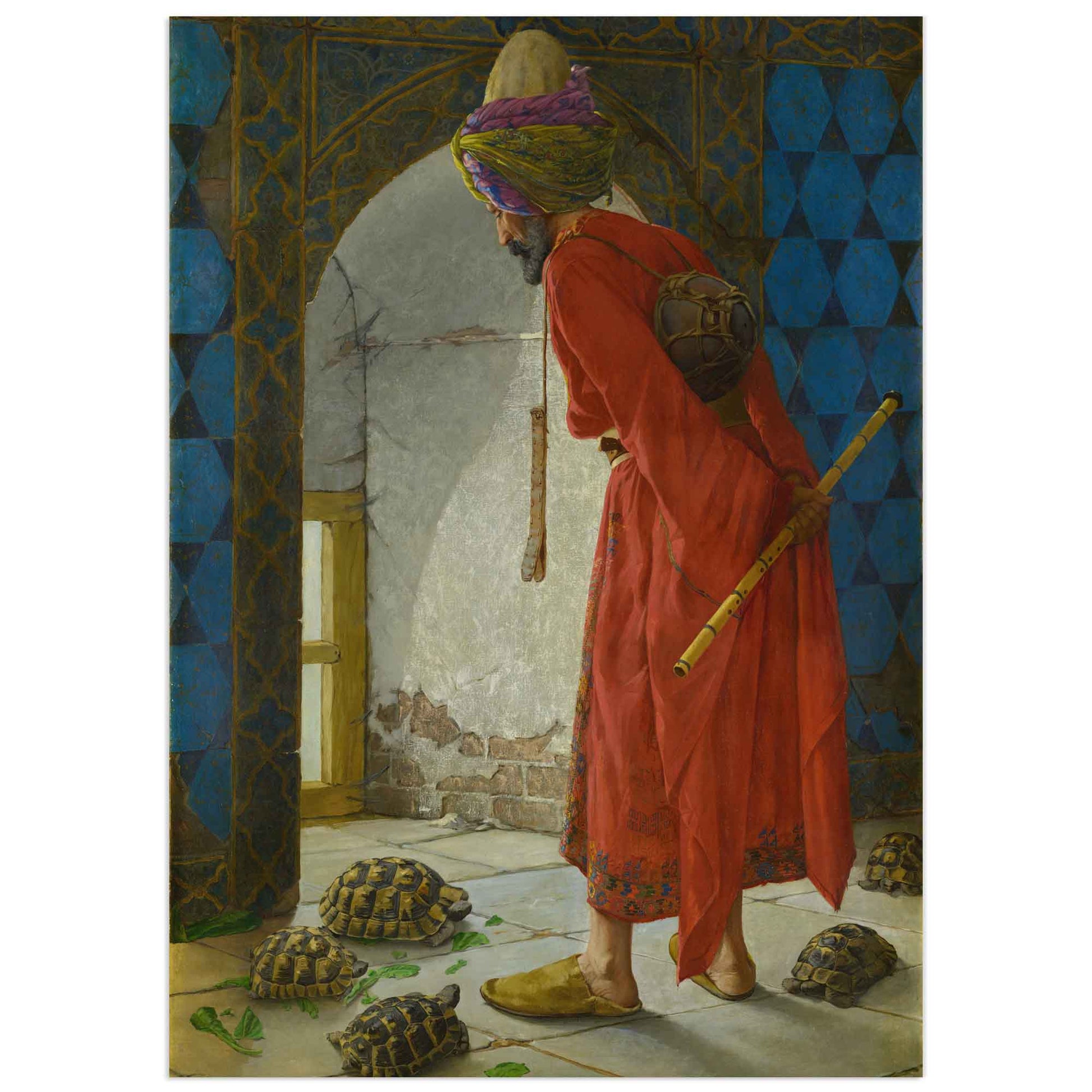 High-definition poster of Osman Hamdi Bey's 'The Tortoise Trainer,' depicting a robed man training tortoises in a richly detailed Ottoman interior - The turtle Trainer, Osman Hamdi Bey. Orientalist painting showing a bearded man in a red Ottoman robe and colorful turban standing in a tiled interior, holding a flute behind his back while several tortoises crawl at his feet; blue geometric wall tiles, arched doorway, and soft natural light create a contemplative atmosphere.