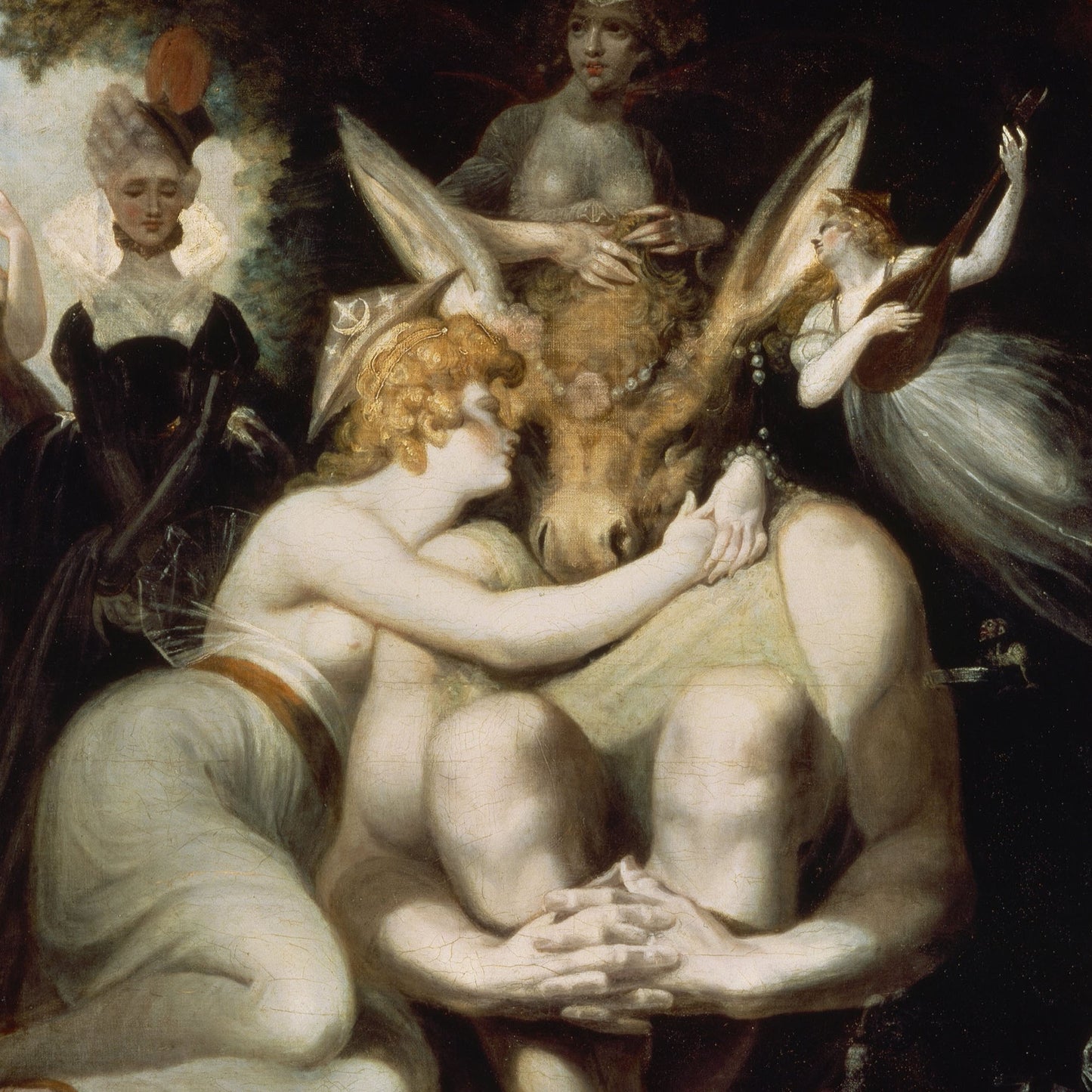 Classical oil painting depicting a mythological scene with two embracing figures, a donkey-like creature, and surrounding figures in soft cream, brown, black, and muted green tones.