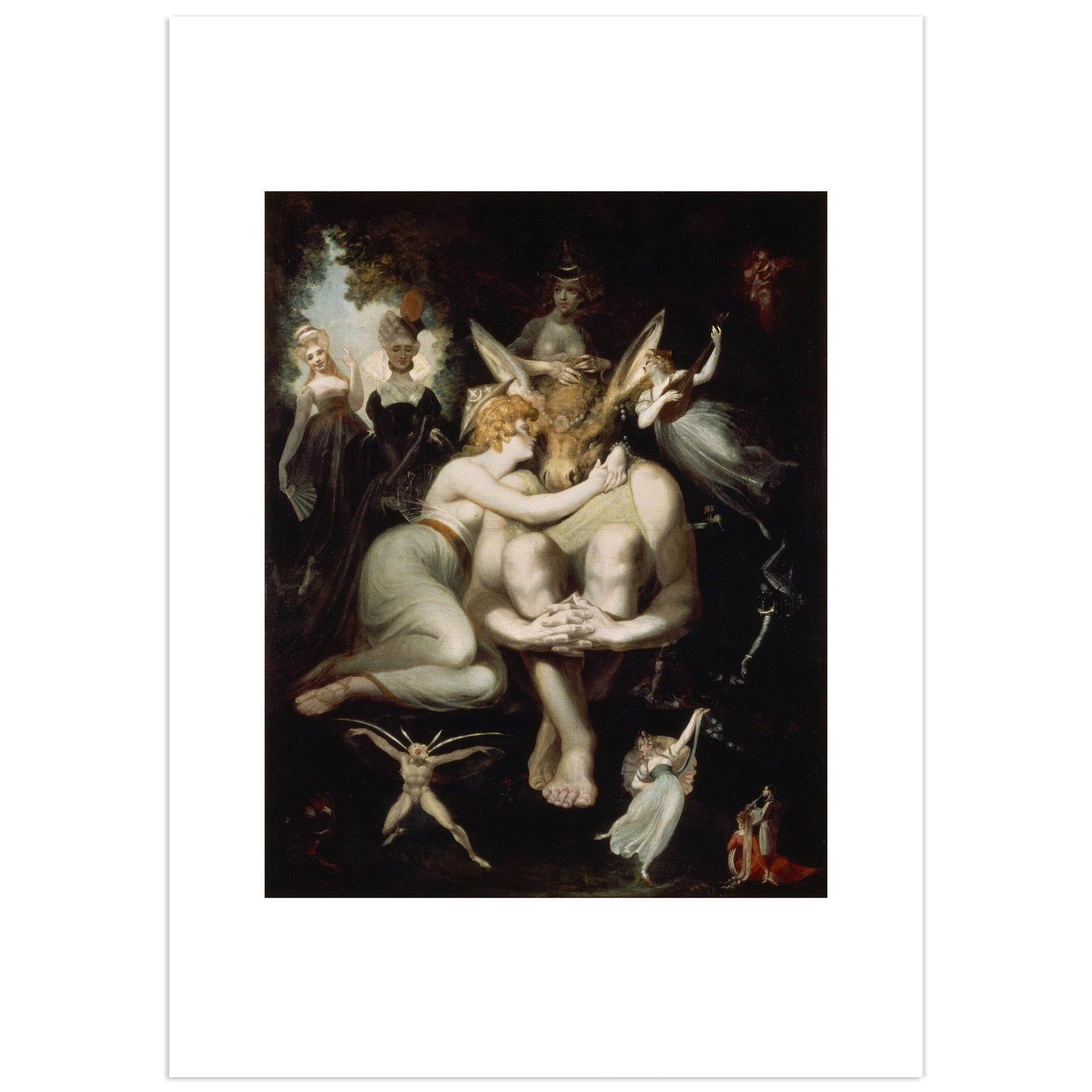 Titania, Bottom and the Fairies by Johann Heinrich Füssli, a dark fantastical painting showing Titania embracing the donkey-headed Bottom surrounded by fairies, presented with a wide white passe-partout margin