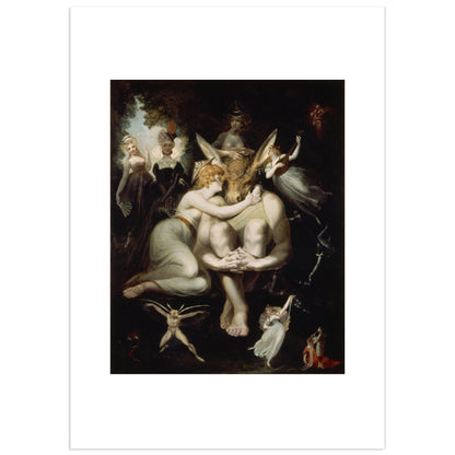 Titania, Bottom and the Fairies by Johann Heinrich Füssli, a dark fantastical painting showing Titania embracing the donkey-headed Bottom surrounded by fairies, presented with a wide white passe-partout margin