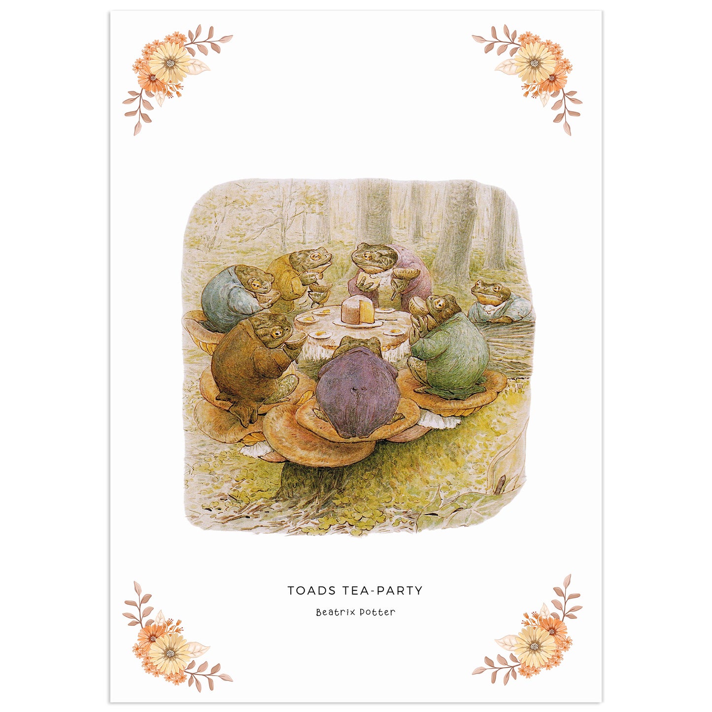 Beatrix Potter Toads Tea Party digital print woodland animals tea gathering floral border vintage nursery wall art instant download printable