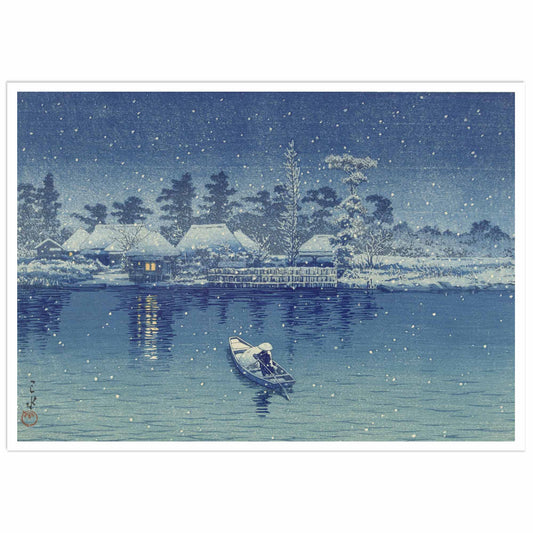 A woodblock print by Kawase Hasui depicting a small boat on a river at night with snowfall, contrasting with the warm windows of houses along the shore.