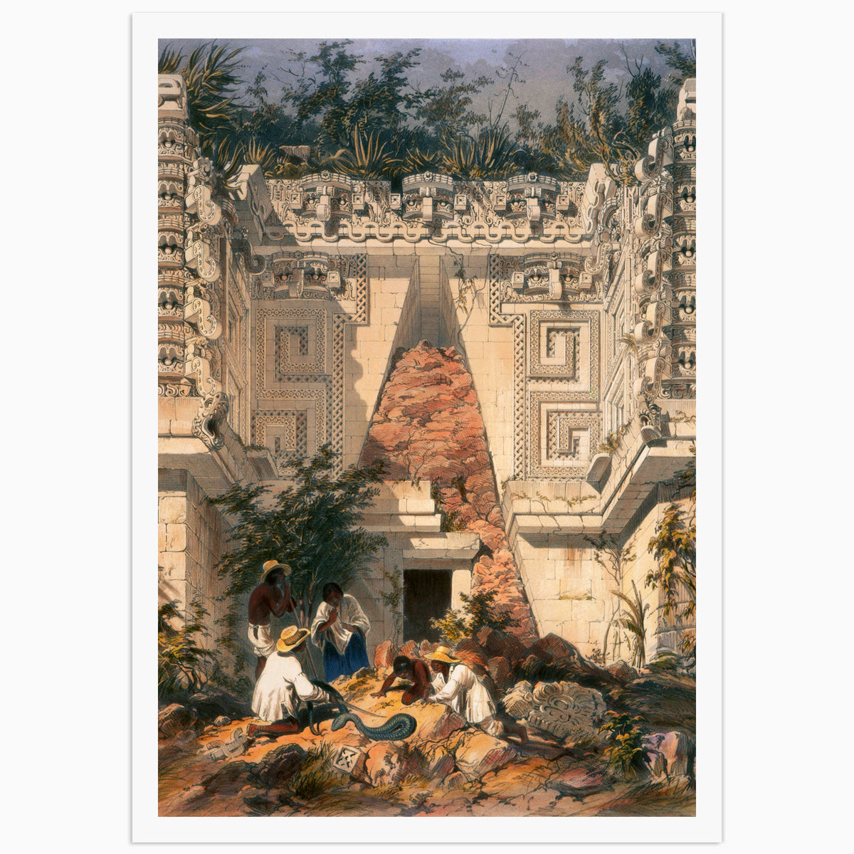 Frederick Catherwood lithograph of the ornate Mayan palace at Uxmal, its carved stone facade half buried in rubble as workers clear the entrance below