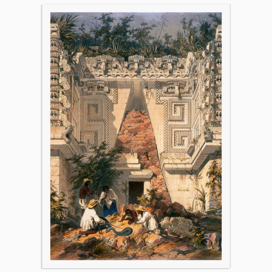 Frederick Catherwood lithograph of the ornate Mayan palace at Uxmal, its carved stone facade half buried in rubble as workers clear the entrance below