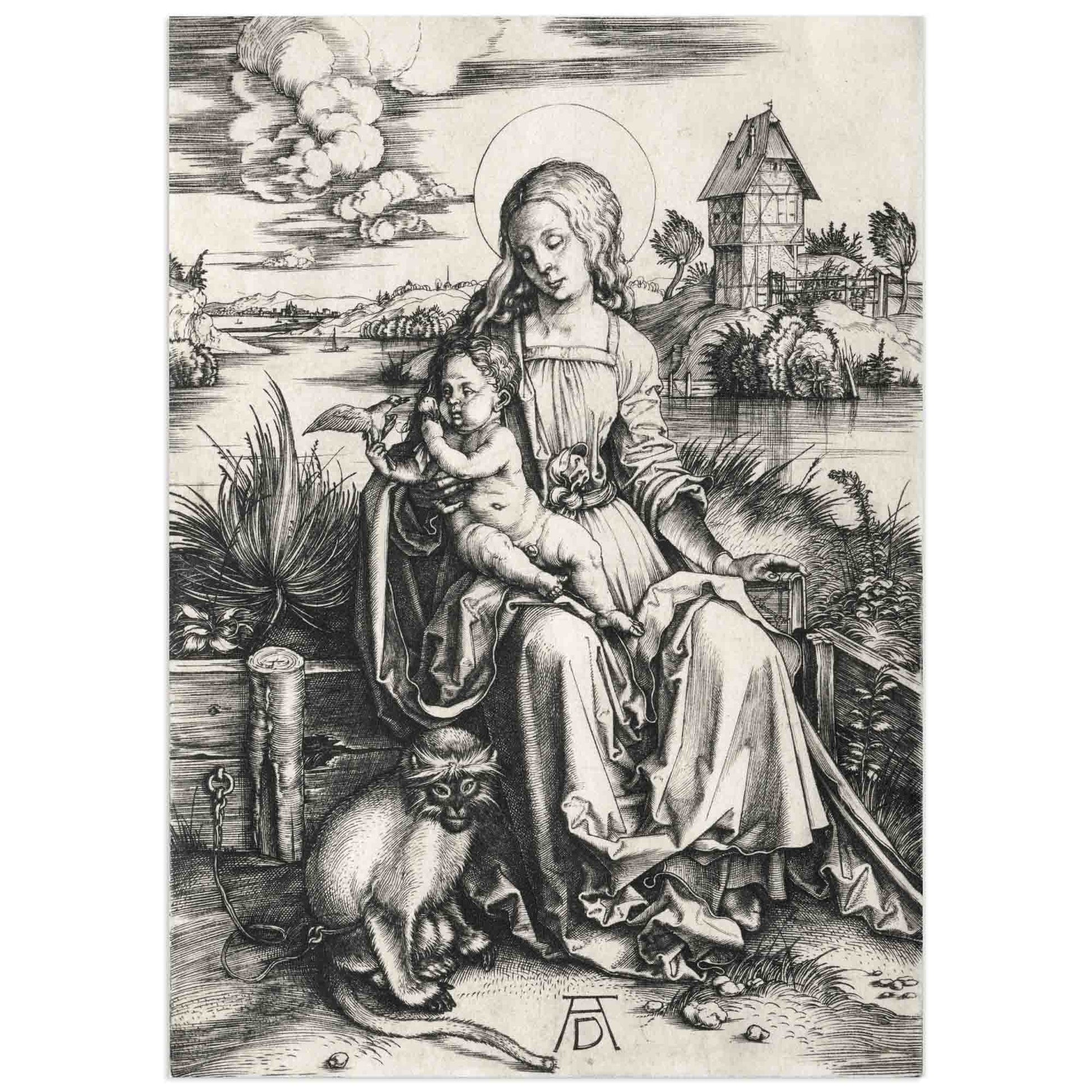 Albrecht Dürer Virgin and Child with the Monkey engraving, Renaissance Madonna holding Christ child with chained monkey in landscape.