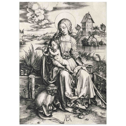 Albrecht Dürer Virgin and Child with the Monkey engraving, Renaissance Madonna holding Christ child with chained monkey in landscape.