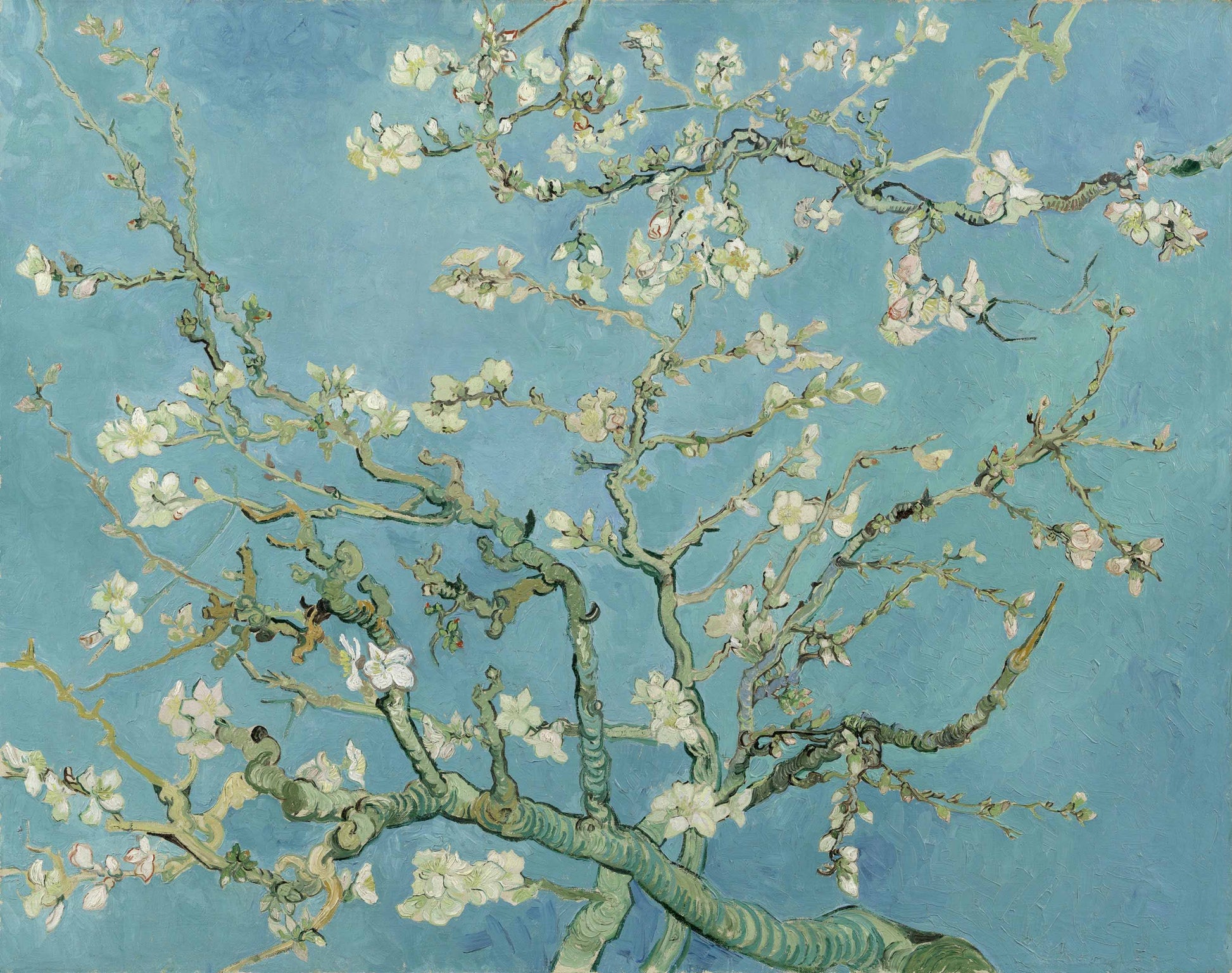Almond blossom branches with white flowers against a bright blue sky, painted by Vincent van Gogh in a Japanese-inspired composition symbolizing renewal.