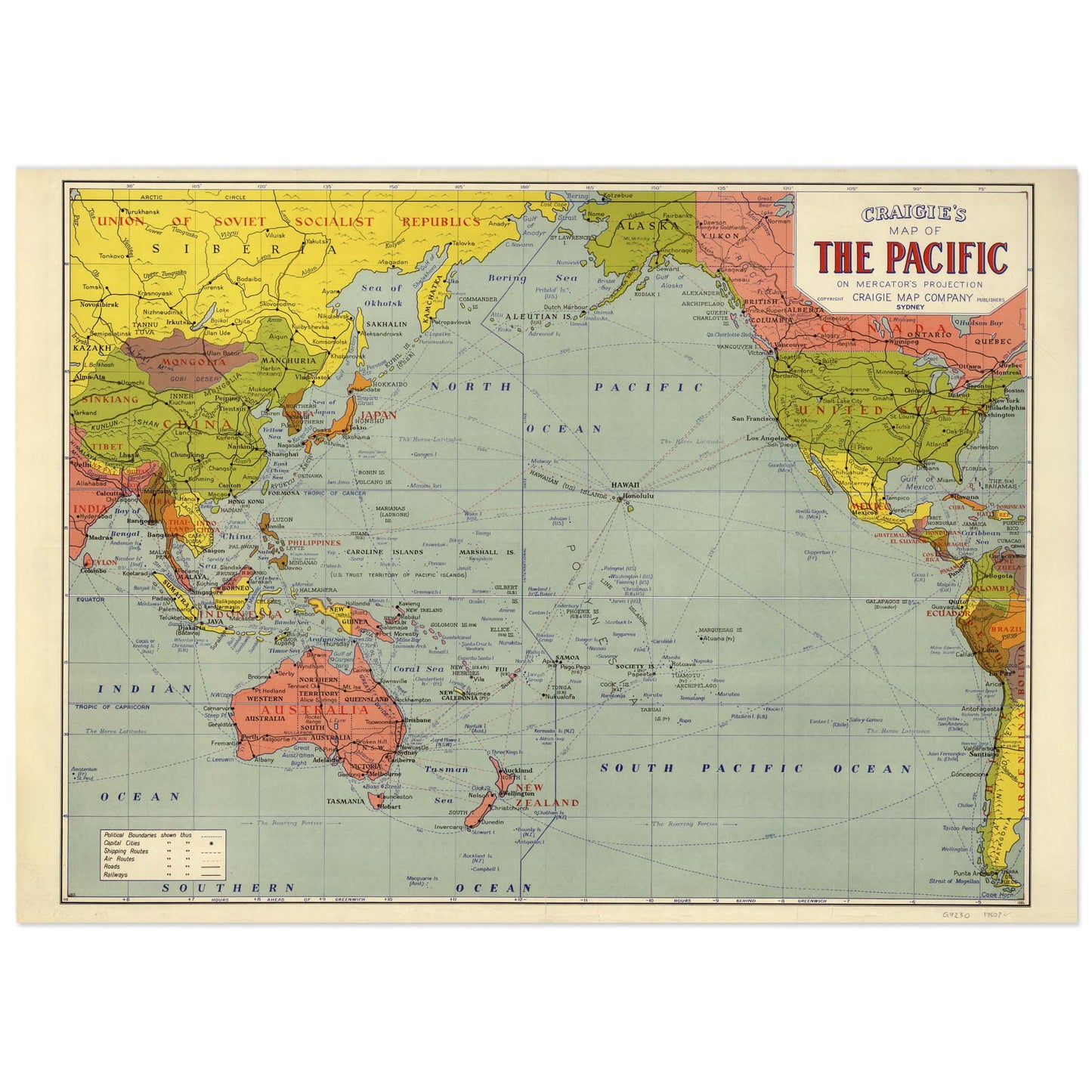 A vintage style map of the Pacific Ocean covering the area from China to the Americas, with a green background and color-coded countries.