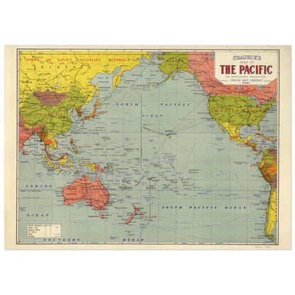 A vintage style map of the Pacific Ocean covering the area from China to the Americas, with a green background and color-coded countries.