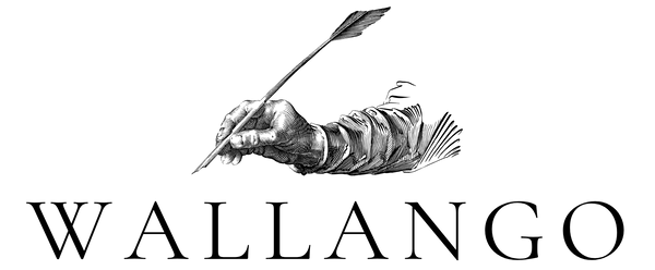 Black and white graphic featuring an illustration of a hand holding a feather quill above the word 'WALLANGO' in large serif letters on a white background.