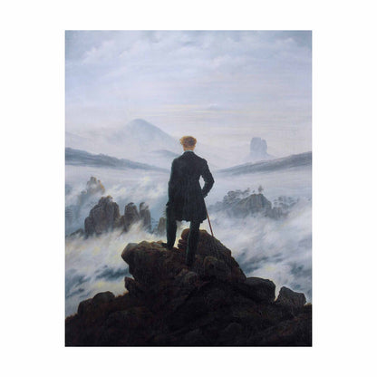 A man standing on a rocky peak overlooking a foggy mountain landscape, symbolizing contemplation and the sublime in Romantic art.