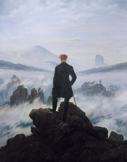 Wanderer above the Sea of Fog by Caspar David Friedrich. Oil on canvas; Man standing on a rocky outcrop with a vast landscape and clouds in the background