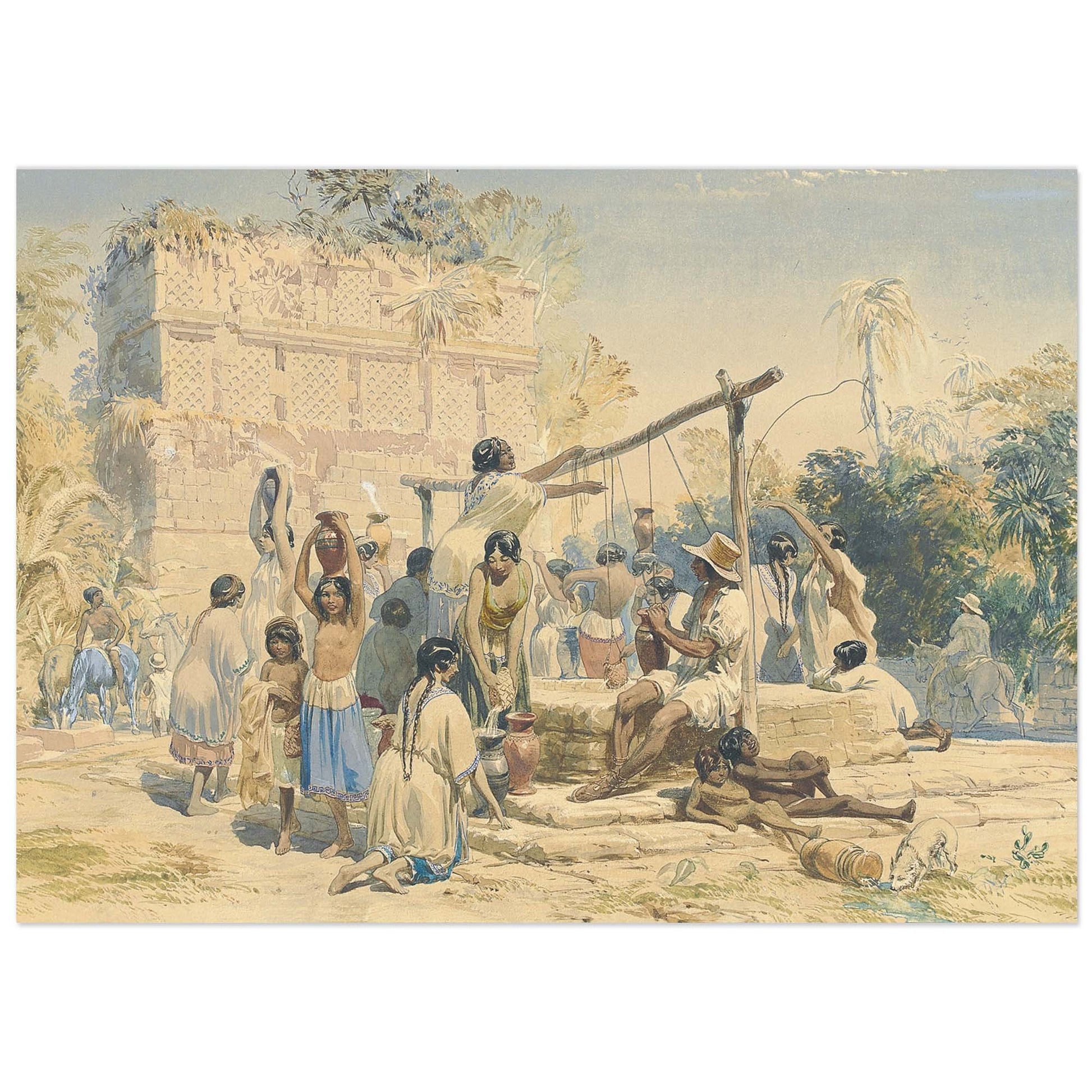 A colorful 19th-century lithograph of Maya workers around a well in Sabachtsché, with a historic building in the background, from Frederick Catherwood’s Yucatán travels