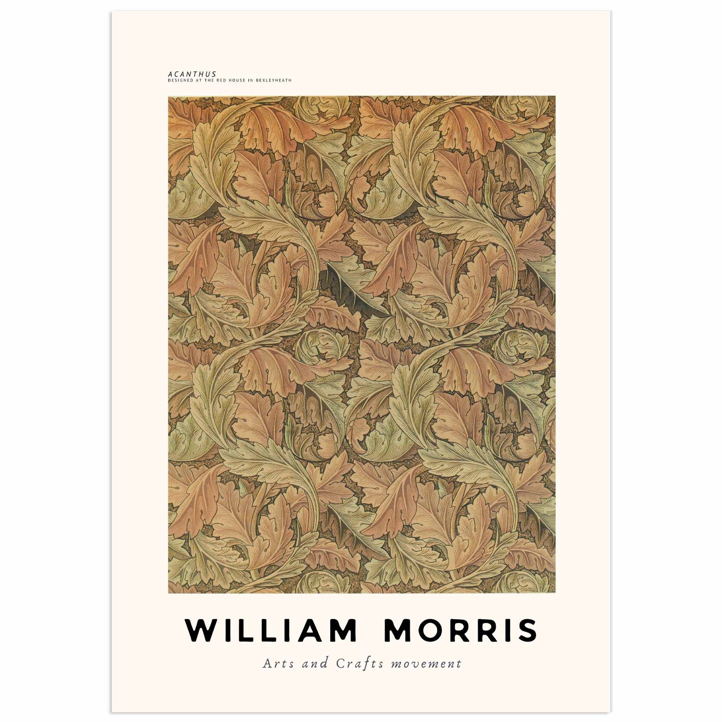 Decorative poster featuring William Morris’s Acanthus pattern with stylised acanthus leaves in green, brown and ochre tones, Arts & Crafts style